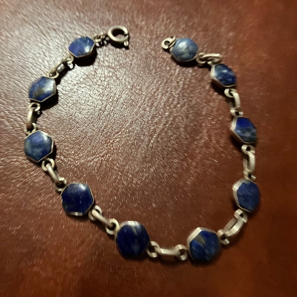Vintage 950 Silver Lapis Lazuli Link Bracelet Women Blue Excellent Hexagon Stone